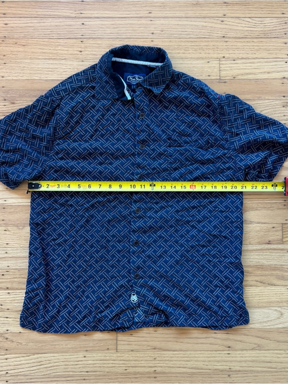 Nat Nast Shirt Mens Medium Black Blue Camp Bowling Silk Geometric Pattern